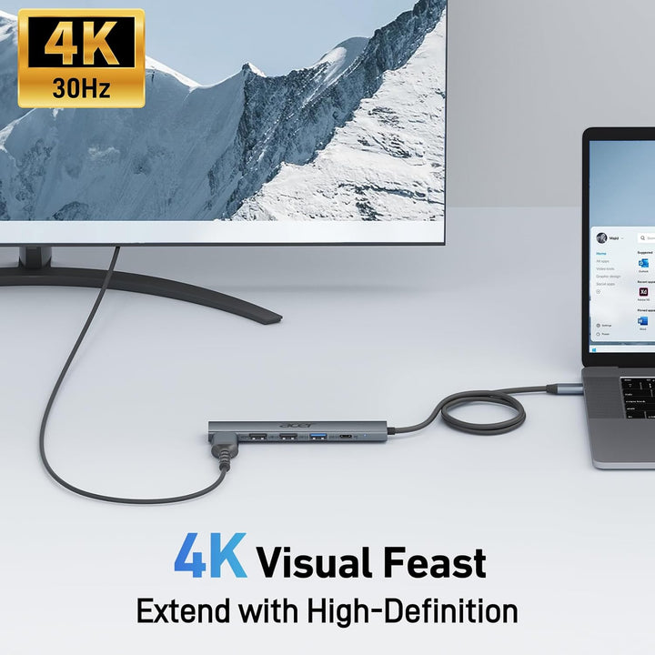 acer USB C Hub 5 in 1, Tragbarer 4K HDMI Adapter PD 100W, 3X USB-A Datenport, USB C auf HDMI Adapter
