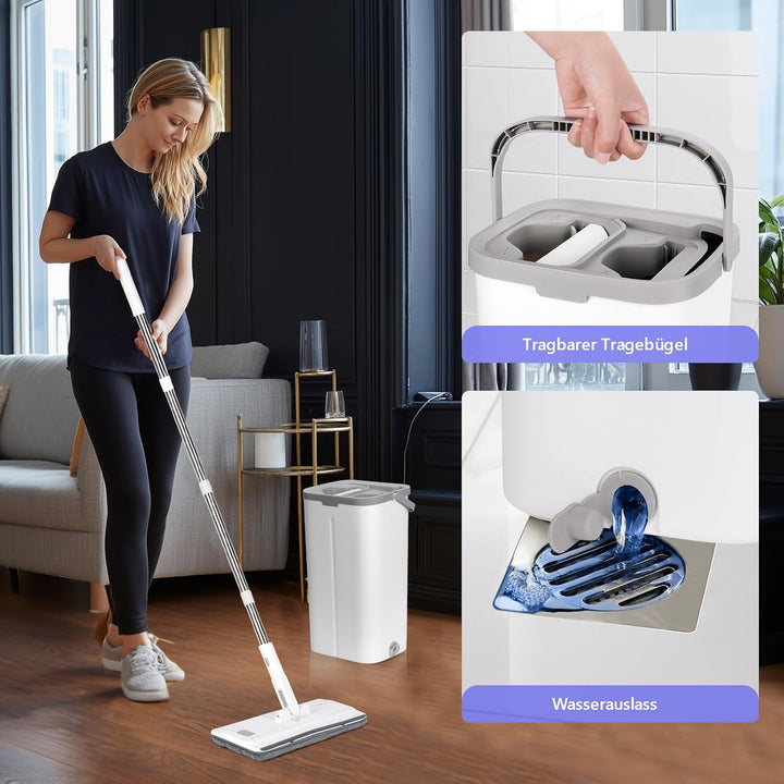 Masthome Wischmopp Set mit Eimer,Bodenwischer Set mit 10 Mikrofaser Pads und Langem Edelstahl Griff,