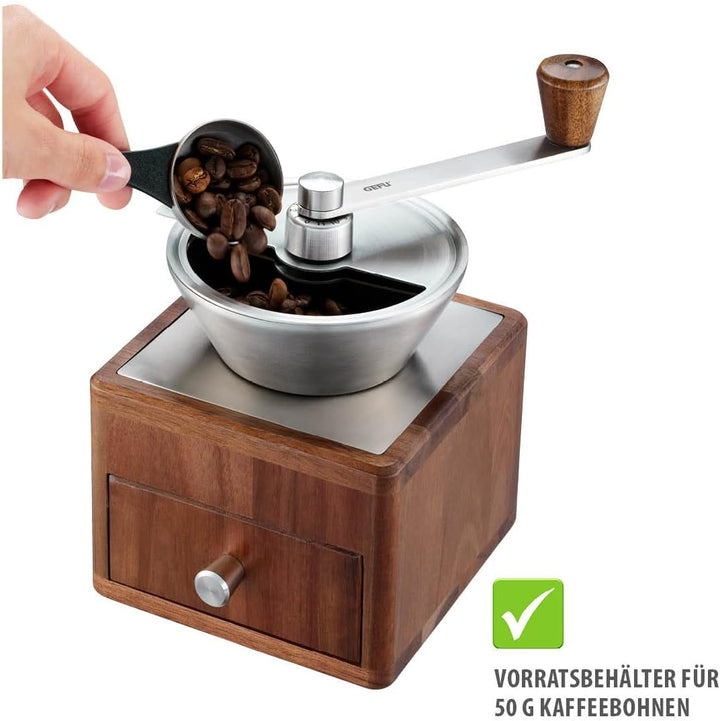 GEFU Kaffeemühle GIRO, 11-stufiges Keramikmahlwerk mit Skala, Bohnenbehälter 50 g, Schublade bis 7 T