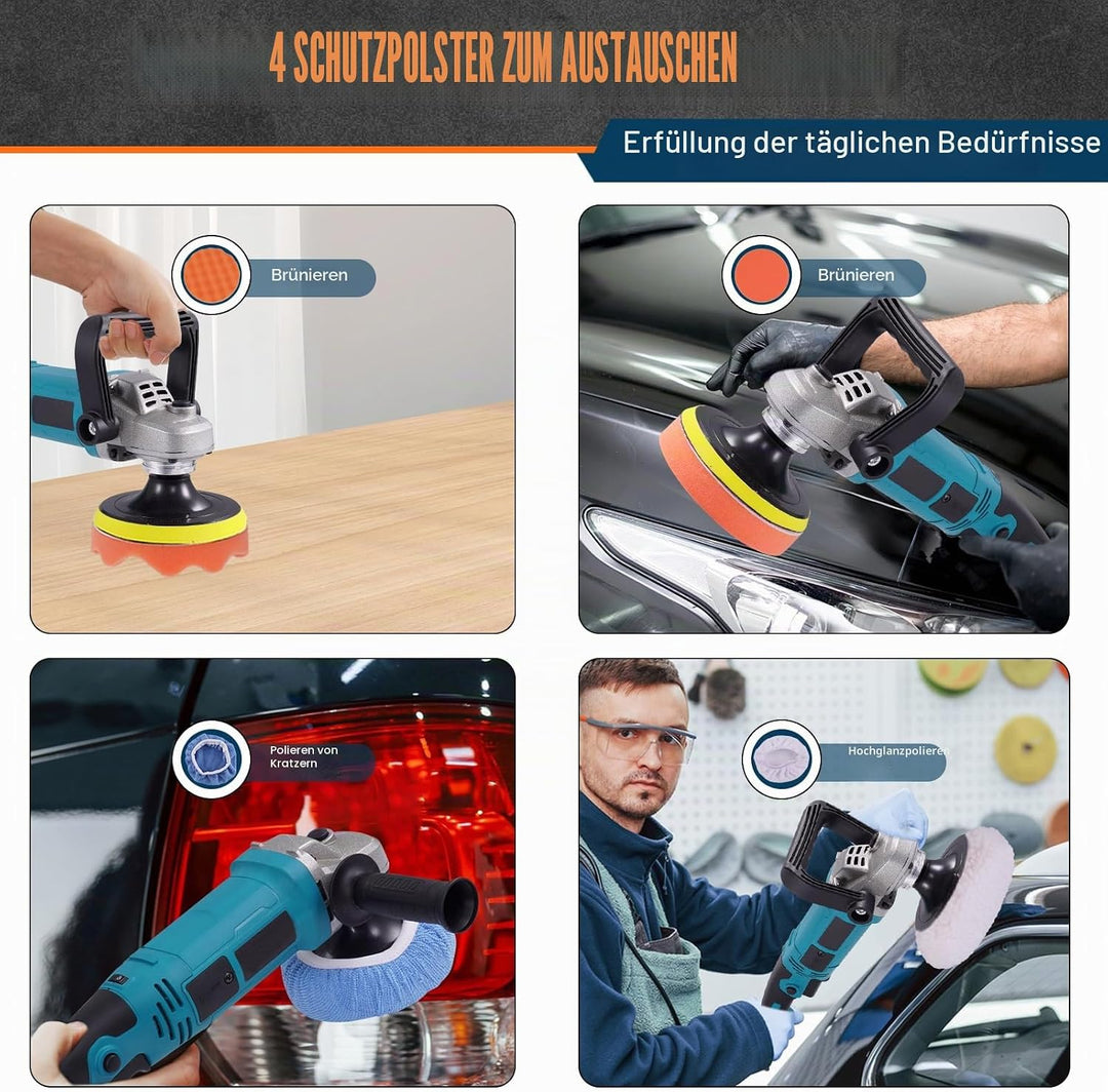 Poliermaschine Auto Akku 1600W mit 5”, 6” und 7” Polierpads für Autos, Poliermaschine mit 6 Variable