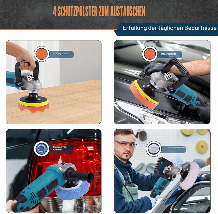 Poliermaschine Auto Akku 1600W mit 5”, 6” und 7” Polierpads für Autos, Poliermaschine mit 6 Variable