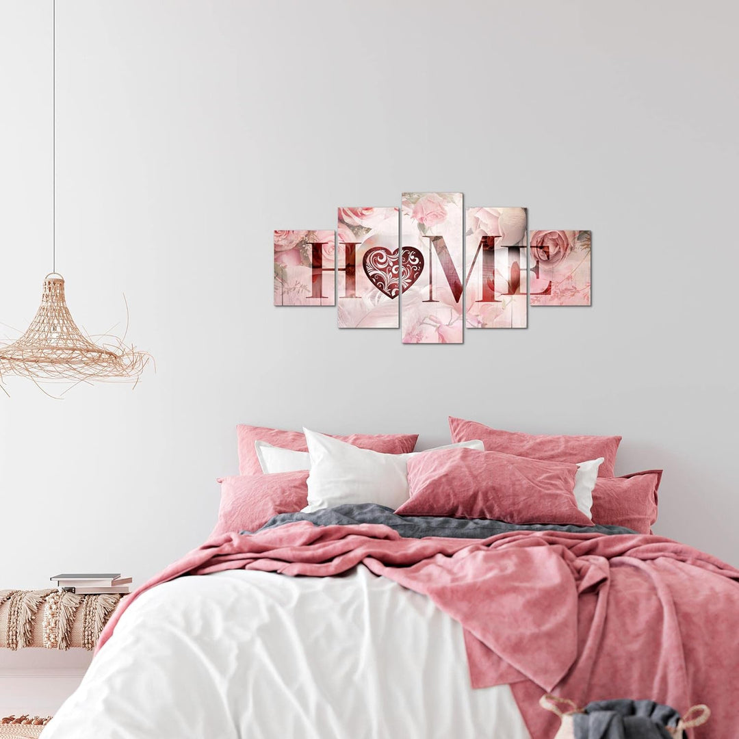 Runa Art Wandbilder Home Vintage 5 Teilig Bild auf Vlies Leinwand Deko Wohnzimmer Rosen Herz Rosa 03