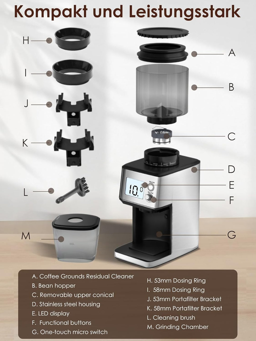 Homtone Elektrische Kaffeemühle für Siebträger und Behälter, 51 einstellbare Mahlgrade, Automatische