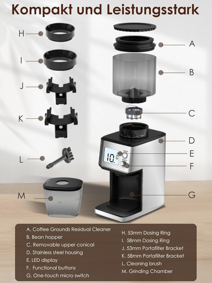 Homtone Elektrische Kaffeemühle für Siebträger und Behälter, 51 einstellbare Mahlgrade, Automatische