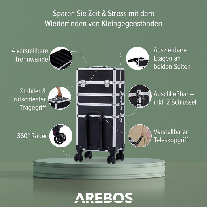 Arebos 4-in-1 Kosmetikkoffer | 4 Fächer & 1 Schublade | Teleskop- und Tragegriff | 8 Schlösser | 4X