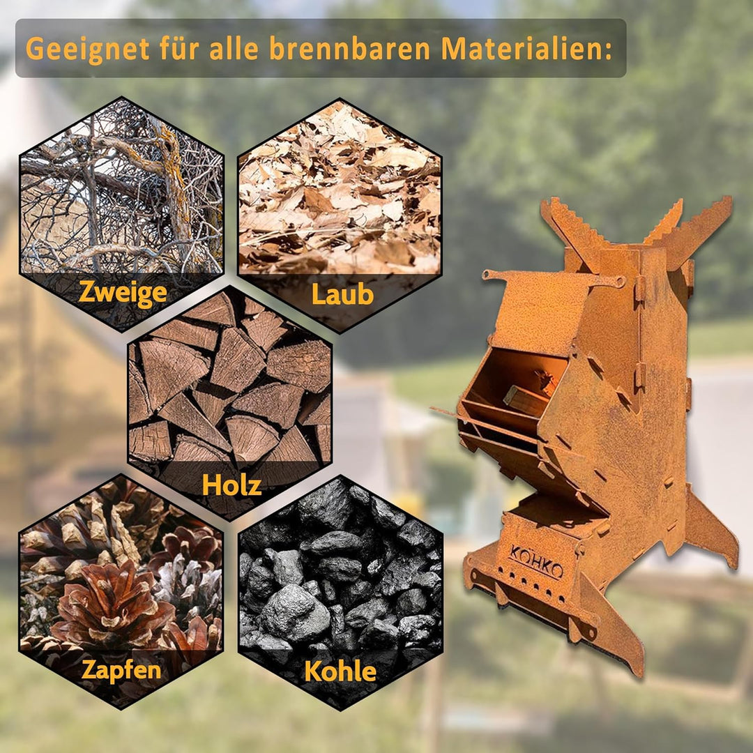 Köhko® Raketenofen L Rocket Stove Campingofen aus 3 mm Cortenstahl Outdoor für BBQ grill Camping mul