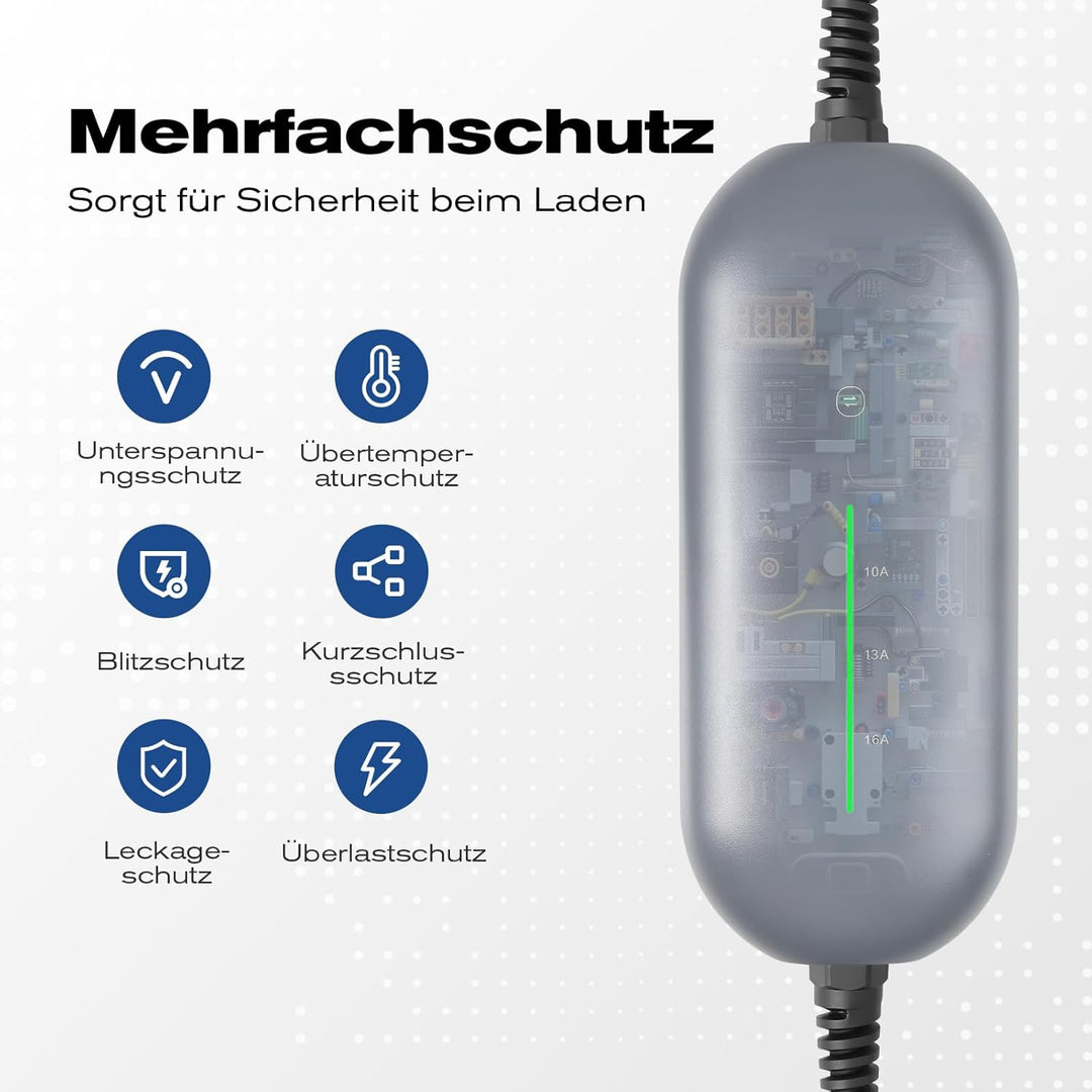 Teskee Typ 2 Ladekabel Schuko 3,68 kW, 10 A/13 A/16 A Tragbares EV-Ladegerät, Mobile Wallbox Ladesta