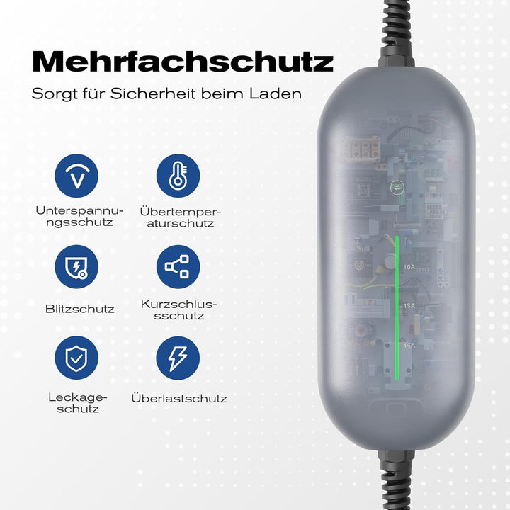 Teskee Typ 2 Ladekabel Schuko 3,68 kW, 10 A/13 A/16 A Tragbares EV-Ladegerät, Mobile Wallbox Ladesta