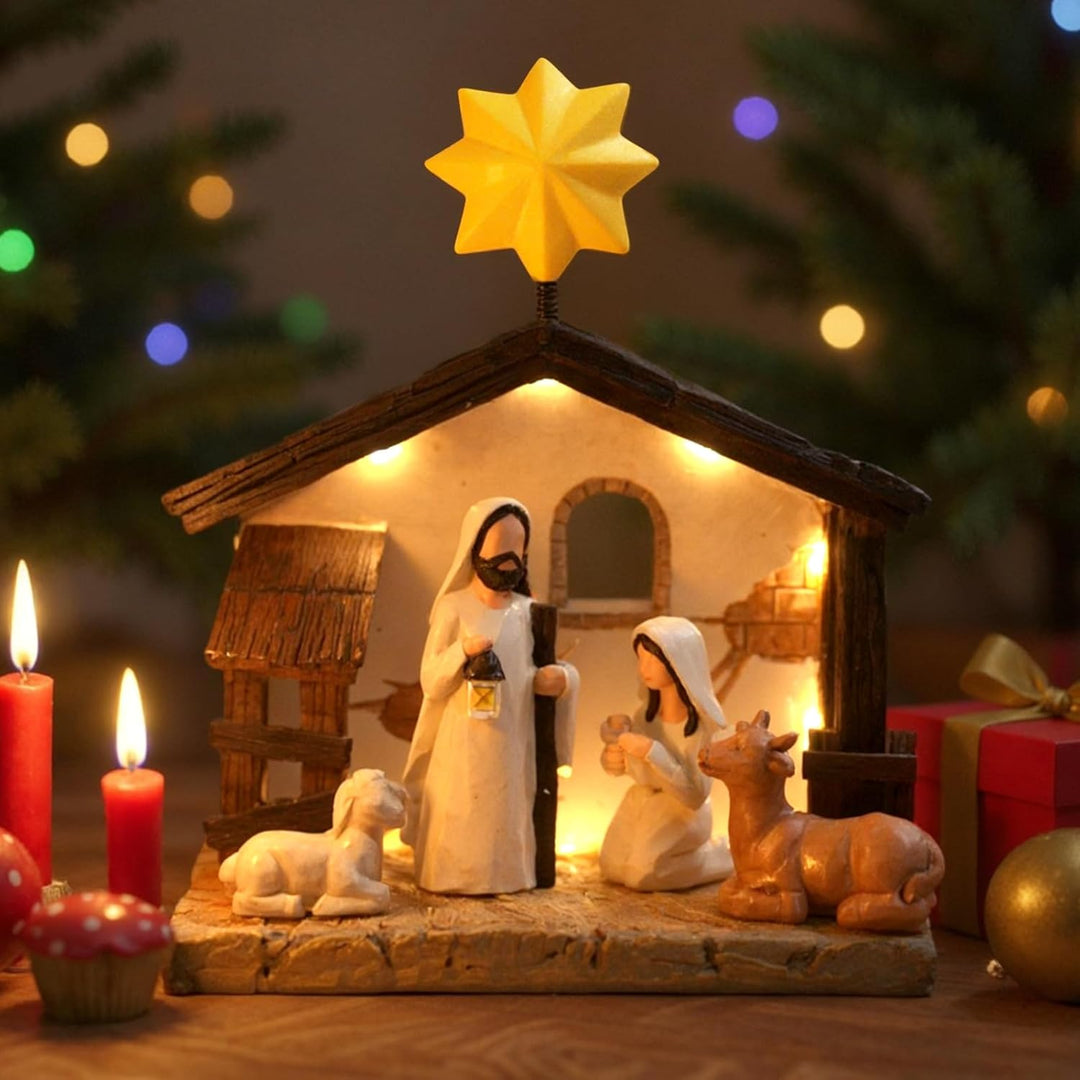 Top-spring Krippenfiguren Set, Weihnachtskrippe mit Beleuchtung, Krippe Weihnachten Komplettset, Kri