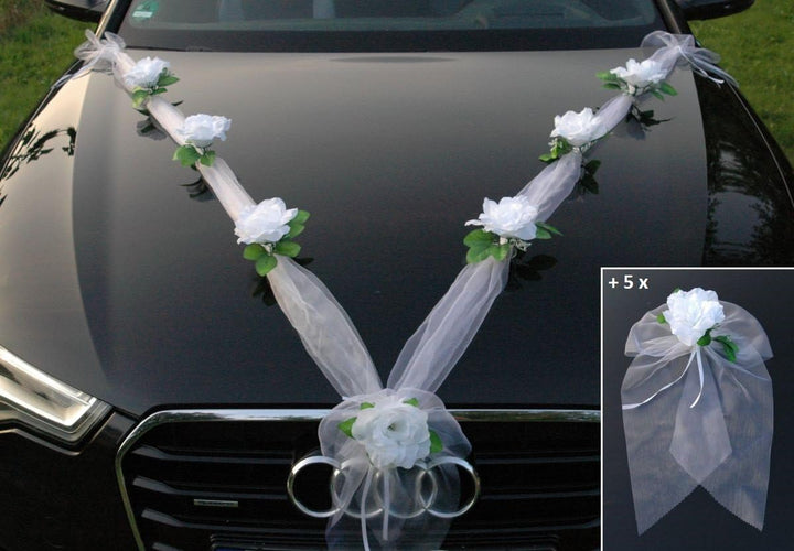 Organza M + Schleife Auto Schmuck Braut Paar Rose Deko Dekoration Autoschmuck Hochzeit Car Auto Wedd