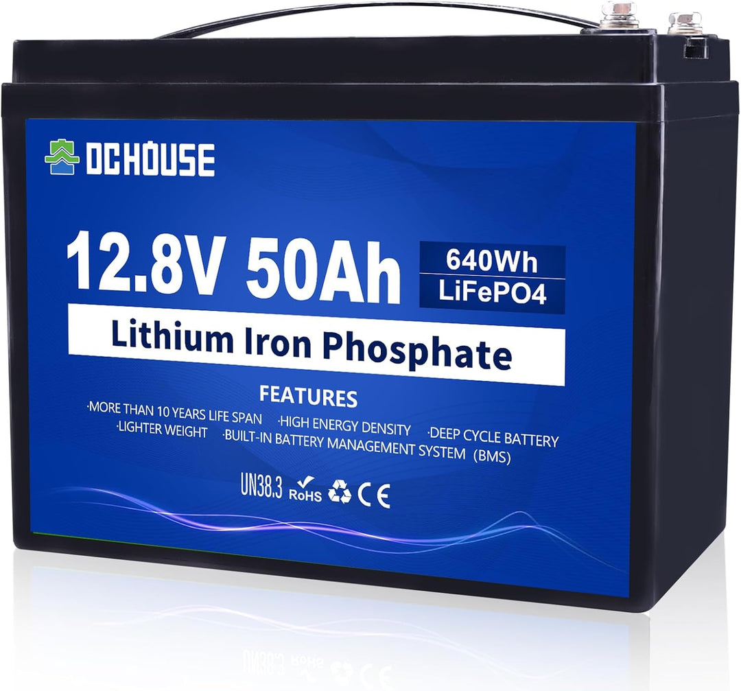DCHOUSE 12V 50Ah Lithium LiFePO4 Batterie, integriertes BMS, 10 Jahre Lebensdauer, mehr als 4000 Zyk