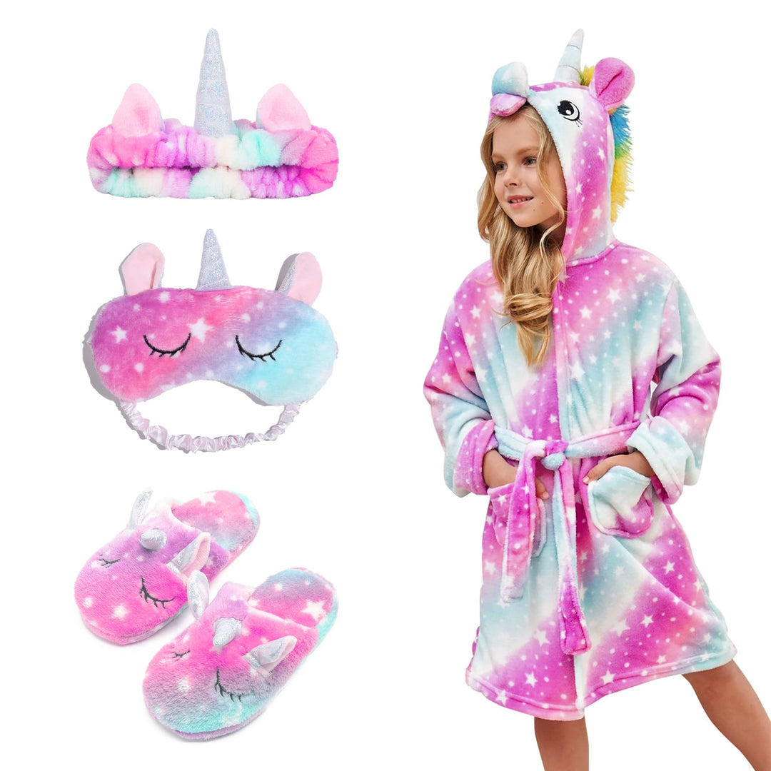 Piefry Weicher Einhorn-Bademantel mit Kapuze für Mädchen mit Einhorn-Pantoffeln, Augenbinde und Stir