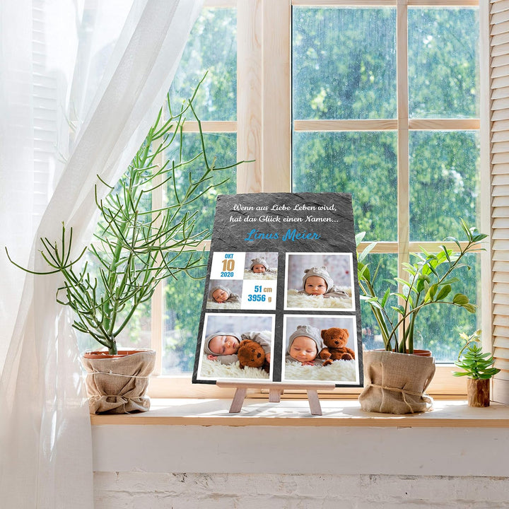wandmotiv24 Schieferplatte mit eigenen Fotos zur Geburt, 20 x 30 cm, inklusive Staffelei, 5 Fotos +