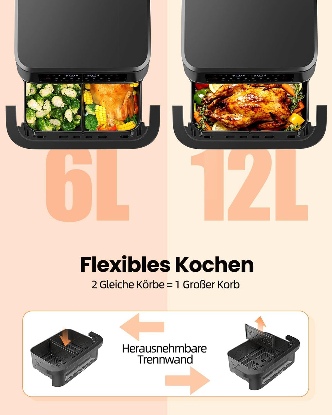 12L Airfryer XXL 2950W - Dual Zone Heissluftfritteuse - Grosse 8-in-1-Heissluftfritteuse mit Match &