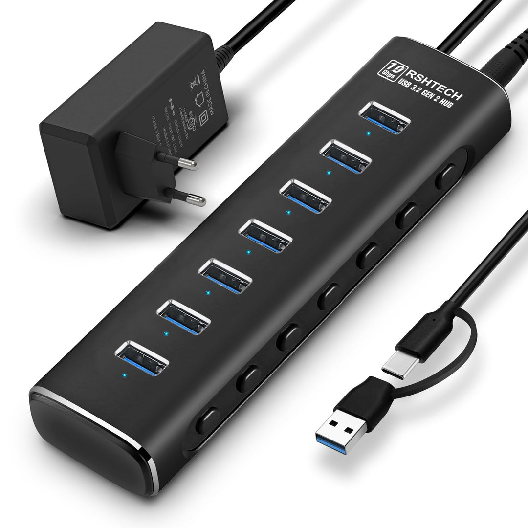 USB 3.2 Hub Aktiv mit Netzteil, RSHTECH Aluminium USB Hub 3.1 Gen2 mit 7*USB 3.2-Datenport (10Gbps),