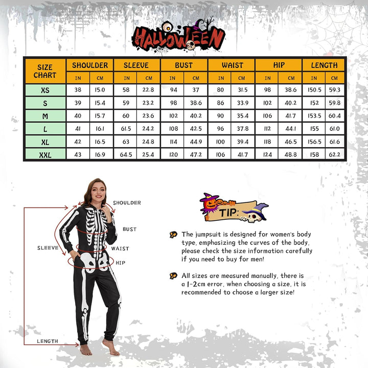 Ulikey Halloween Skelett Kostüm Damen, Halloween Skelett Onesie Overall Pyjama Erwachsene Damen Hall
