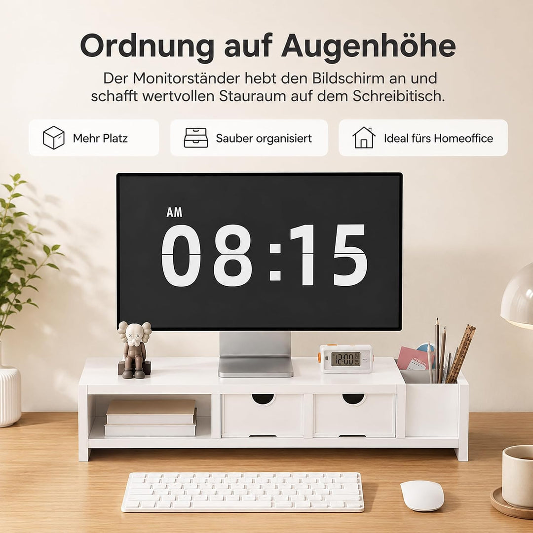 Monitorständer mit Stauraum , 50x19,5x13,5 cm Bildschirmständer mit 2 Schubladen &amp; Stiftehalter, 2-S