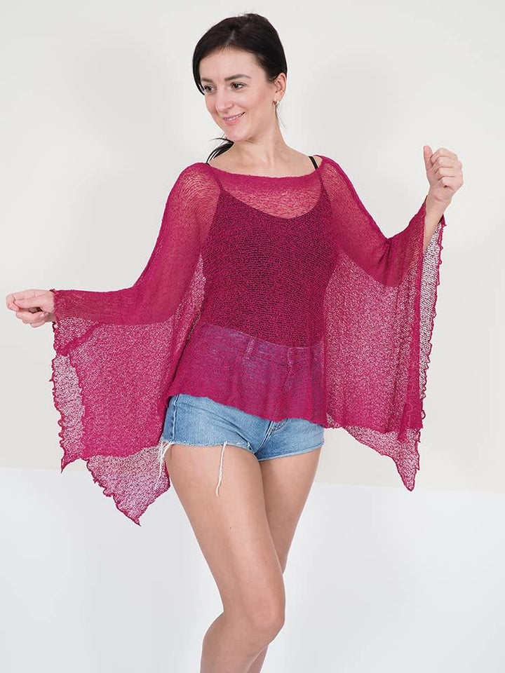 Damen Häkelspitze strecken Fisch-Netz Batwing Poncho Einheitsgrösse Grosse Grössen Magenta, Einheits