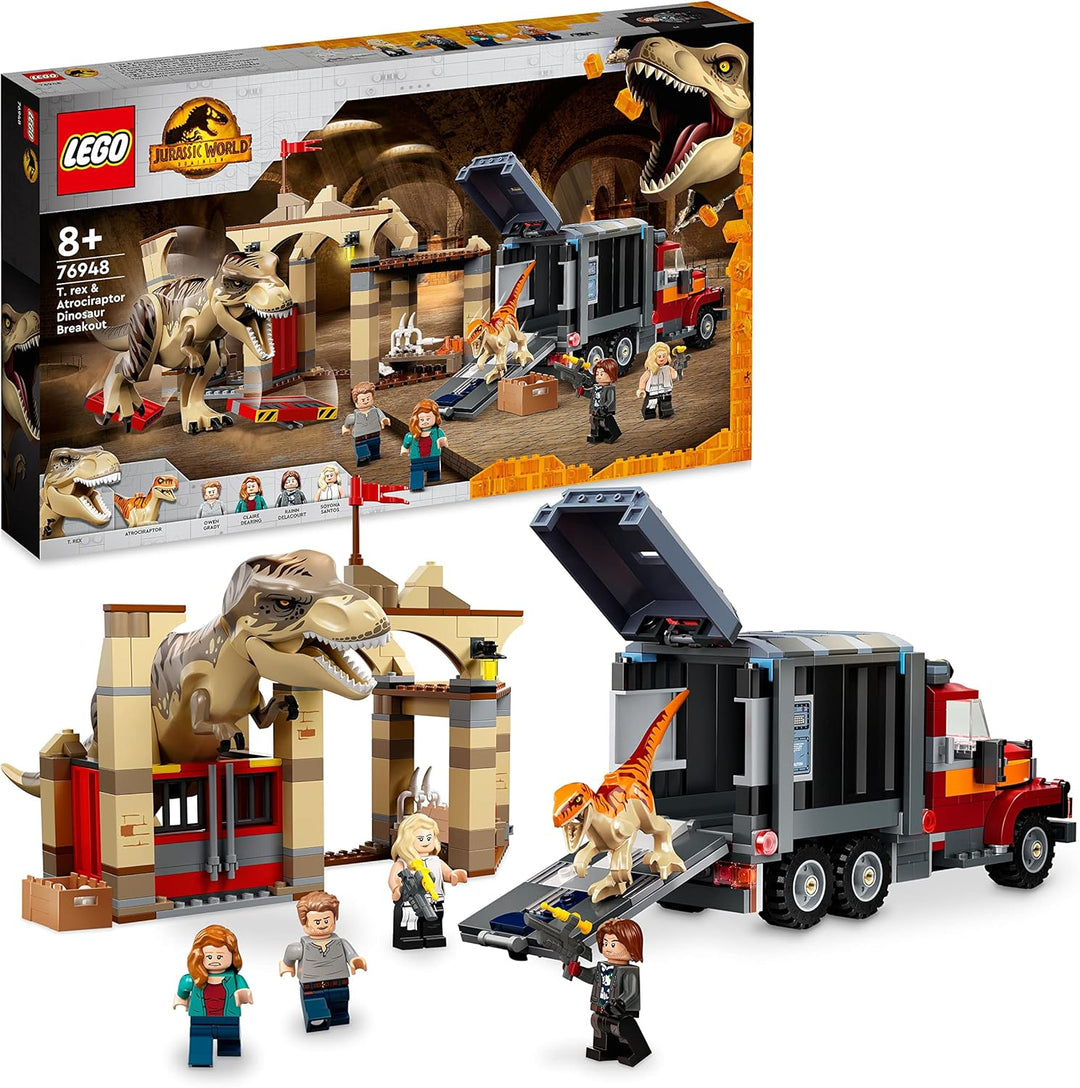 LEGO 76948 Jurassic World T. Rex & Atrociraptor: Dinosaurier-Ausbruch, Set mit LKW und 4 Minifiguren