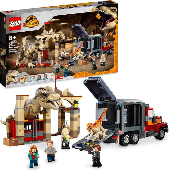 LEGO 76948 Jurassic World T. Rex & Atrociraptor: Dinosaurier-Ausbruch, Set mit LKW und 4 Minifiguren