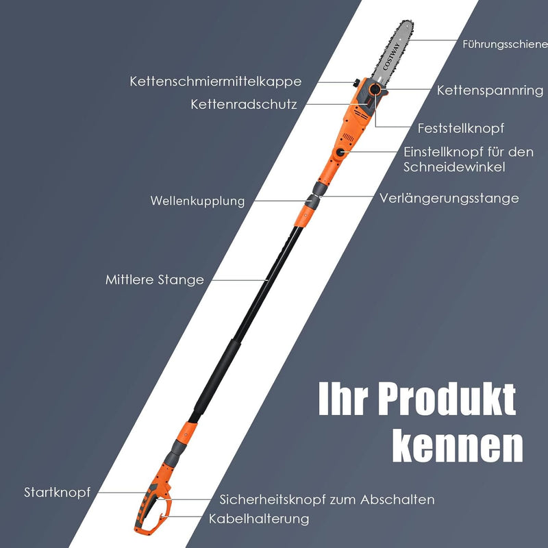 COSTWAY Elektrostangensäge Hochentaster 212-286 cm, Mehrwinkel Stangenkettensäge mit verstellbaren S