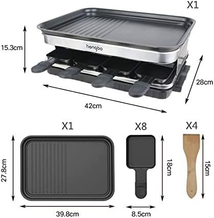HengBO Raclette Grill für 6 8 10 Personen mit 8 Rraclette Pfannen 4 4 Holzspatel Antihaft-beschichte