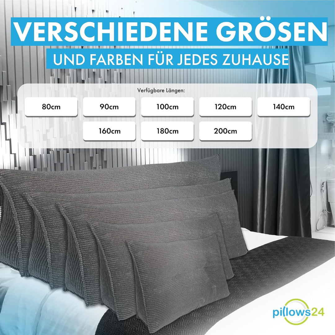 Cord Rückenkissen für Bett & Sofa mit abnehmbarem, waschbarem Bezug [ 120cm - Cord-Hellgrau ] | Bequ