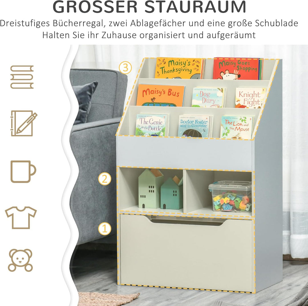 HOMCOM Kinder Bücherregal Kinderregal mit Schublade, 3 Ablagefächern und 2 offenen Fächern, Aufbewah