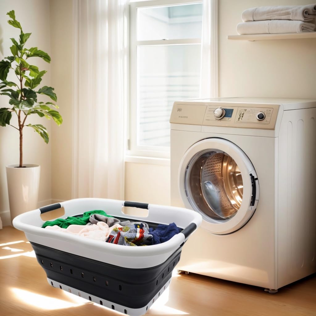 SAMMART 41L Collapsible 3 Handled Plastic Laundry Basket - Foldable Pop Up Storage Basket/Organizer