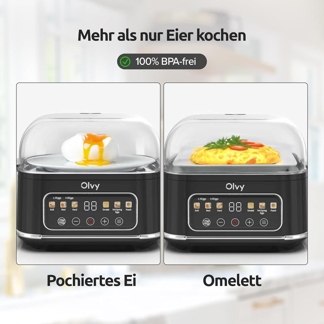 Olvy automatischer Eierkocher 6 Eier – Profi 6-in-1 Eierkocher mit LCD-Timer und Dampfgarer – ideal