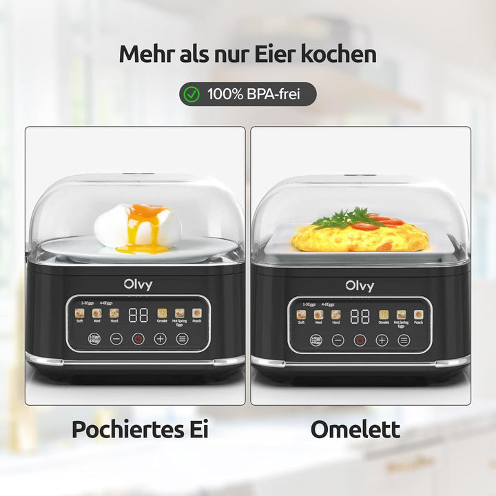 Olvy automatischer Eierkocher 6 Eier – Profi 6-in-1 Eierkocher mit LCD-Timer und Dampfgarer – ideal