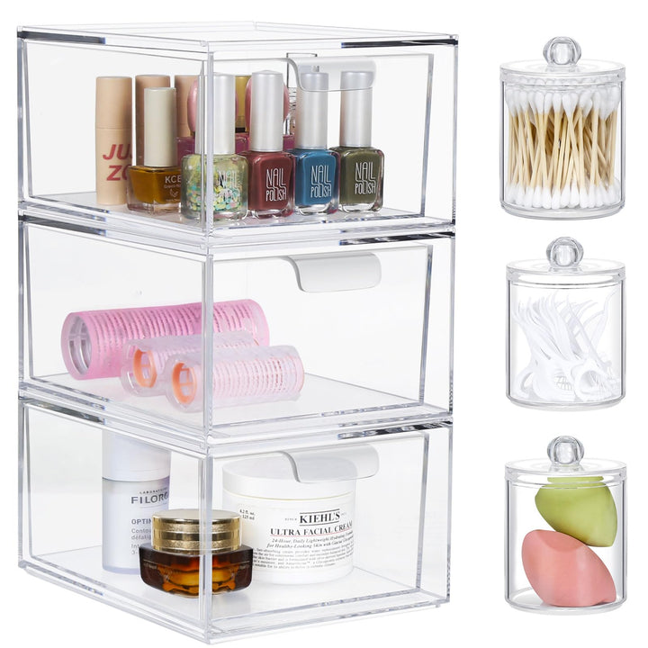 3Pack Stapelbare Aufbewahrungsschubladen mit 3 Qtip Halter,Transparente Acrylic Drawer Organiser mit