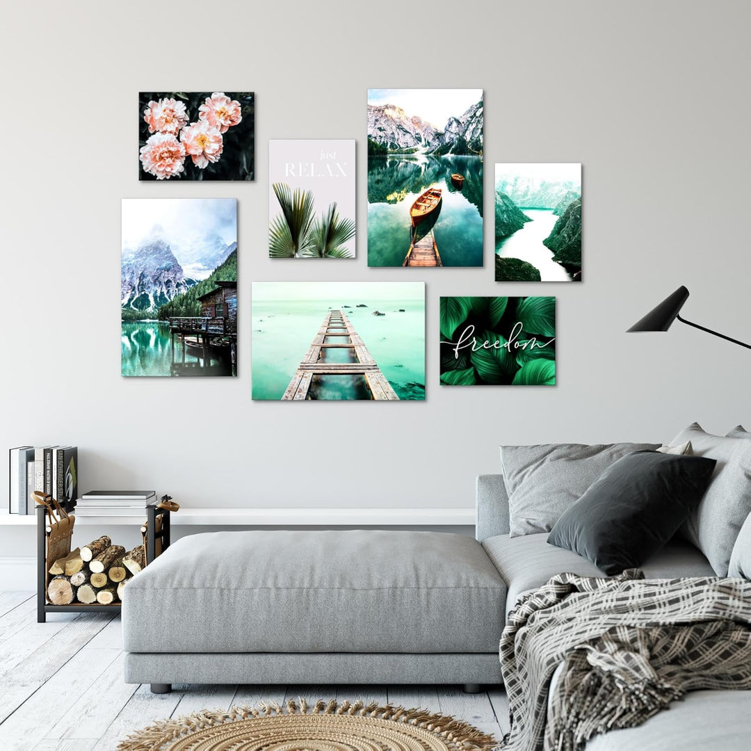 Novart Wandbilder See Berge - KOMPLETT AUFHÄNGFERTIG - Natur Wohnzimmer Schlafzimmer - 7 Moderne Moo