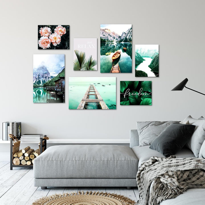 Novart Wandbilder See Berge - KOMPLETT AUFHÄNGFERTIG - Natur Wohnzimmer Schlafzimmer - 7 Moderne Moo