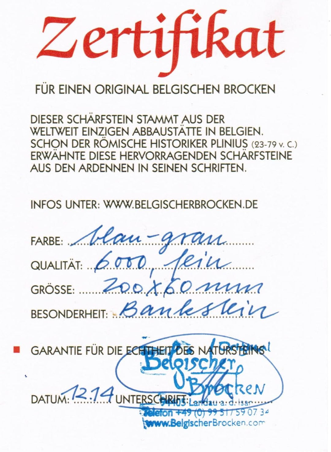 Schleifstein Blauer Belgischer Brocken blau 200x60 mm mit Anreibestein Durchmesser 27 mm Messer-Schä