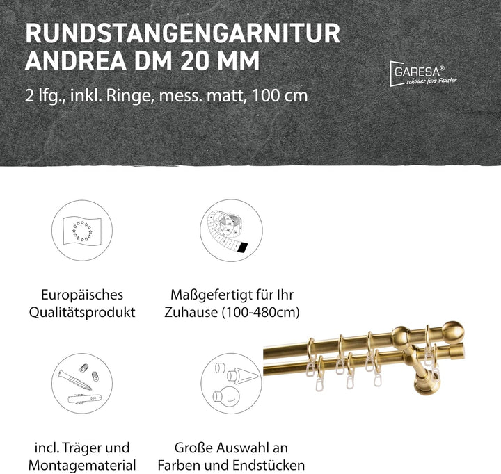 Garesa Gardinenstange Andrea Ø 20mm, 2-läufig, Messing, matt I Stabile Vorhangstange inkl. Ringe + F