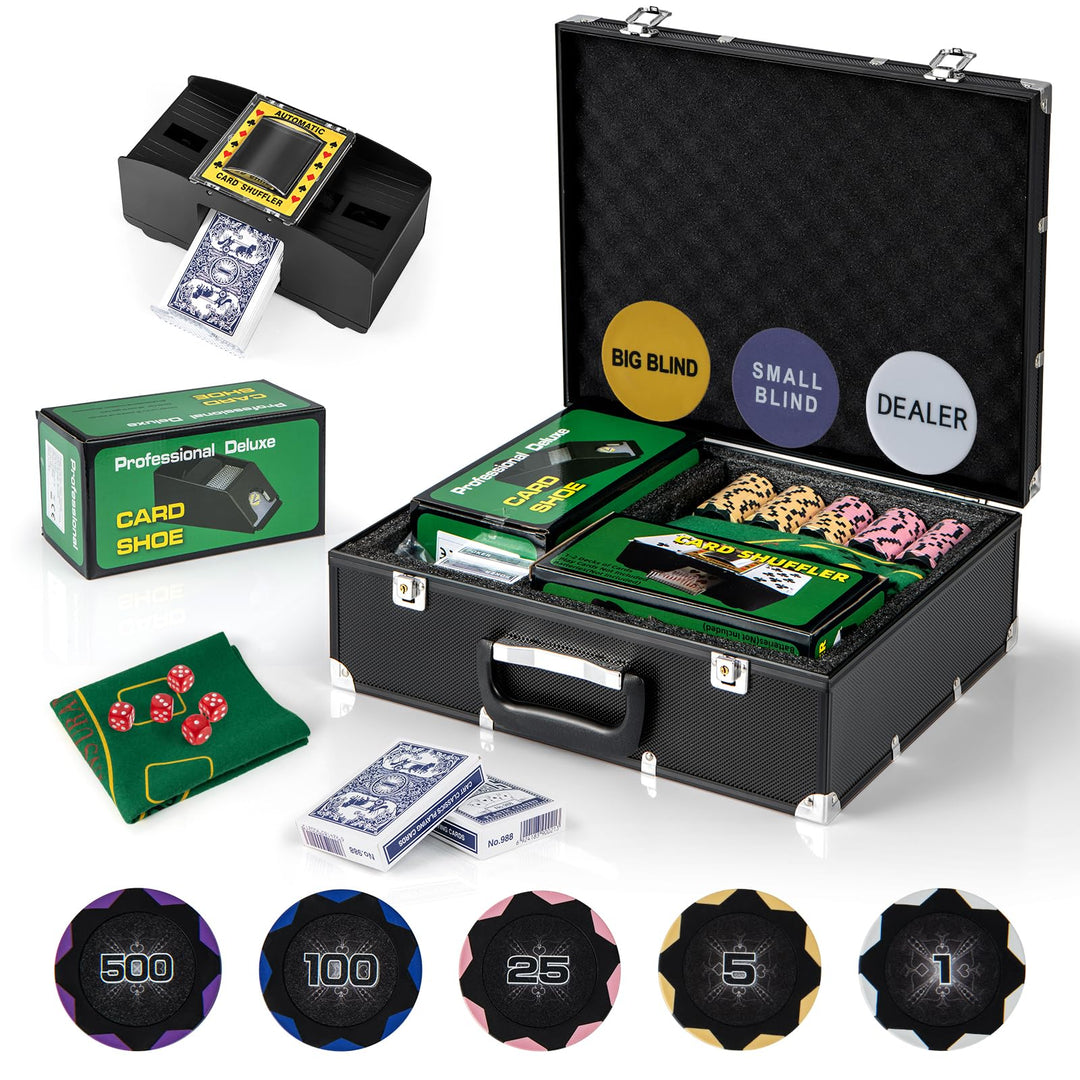 GOPLUS 300 Stück Pokerset, Pokerkoffer mit 2 Kartendecks & 5 Würfel & 3 Dealer-Buttons & Pokertuch &