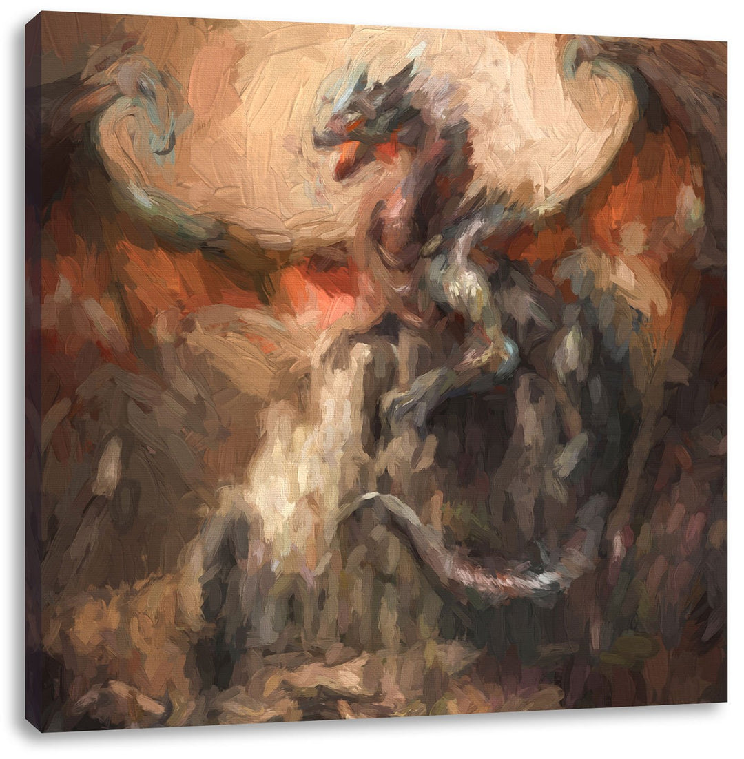 Pixxprint Drache schützend über Burg als Leinwandbild/Grösse: 70x70 cm/Wandbild/Kunstdruck/fertig be