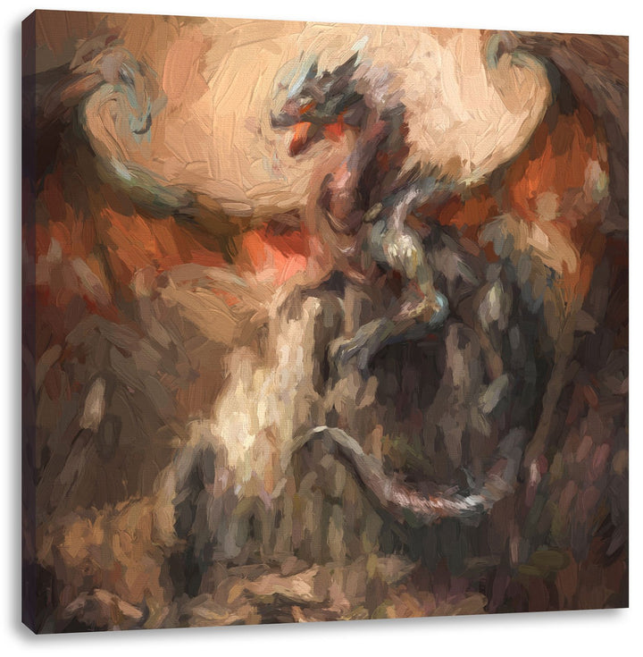 Pixxprint Drache schützend über Burg als Leinwandbild/Grösse: 70x70 cm/Wandbild/Kunstdruck/fertig be