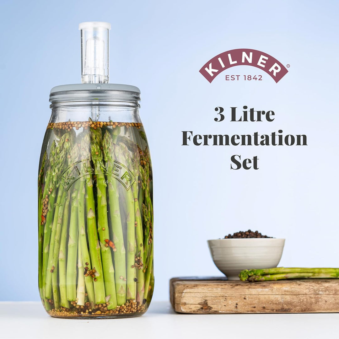 KILNER Fermentier Set, 3 Liter Glas mit Gärungsdeckel, einfaches Haltbarmachen von Gemüse, 1x Kilner