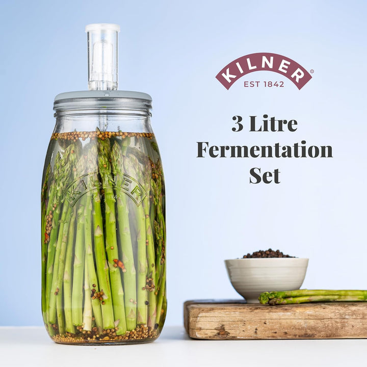 KILNER Fermentier Set, 3 Liter Glas mit Gärungsdeckel, einfaches Haltbarmachen von Gemüse, 1x Kilner