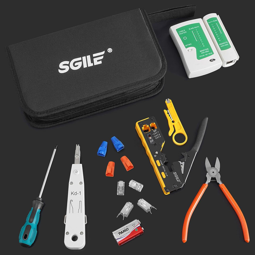 SGILE Crimpwerkzeug-Set RJ45, Werkzeug Paket für Cat5 Cat6 Cat7, Durchgangs-Abisolier und Schneidwer