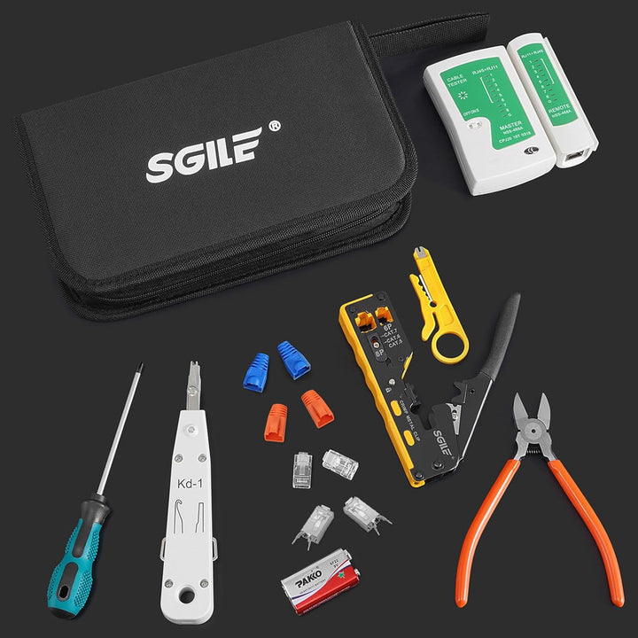SGILE Crimpwerkzeug-Set RJ45, Werkzeug Paket für Cat5 Cat6 Cat7, Durchgangs-Abisolier und Schneidwer