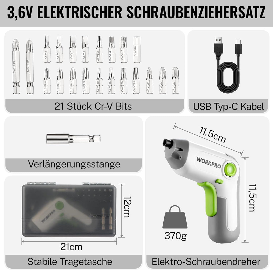 WORKPRO Akkuschrauber Set 3,6V, Exzentrischer Schraubendreher, mit 21 Bits und Verlängerungsstange,