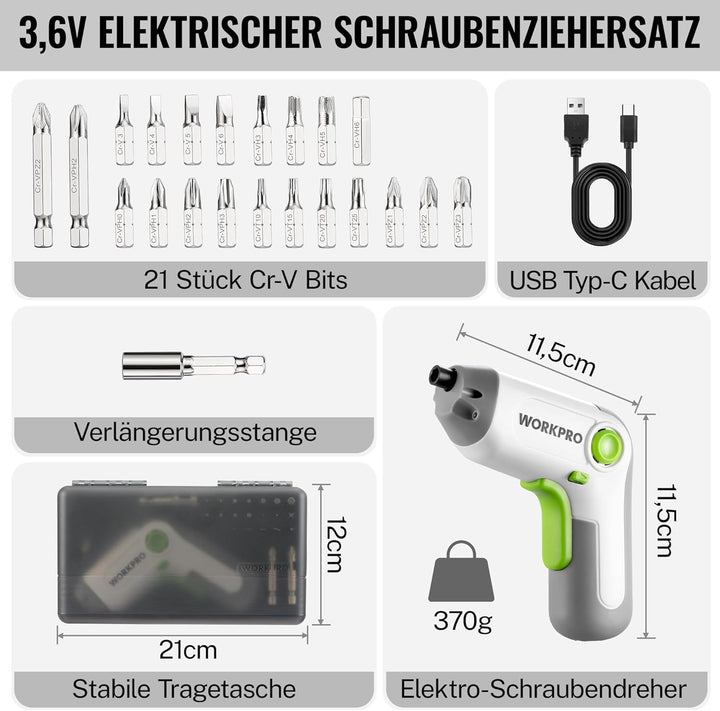 WORKPRO Akkuschrauber Set 3,6V, Exzentrischer Schraubendreher, mit 21 Bits und Verlängerungsstange,