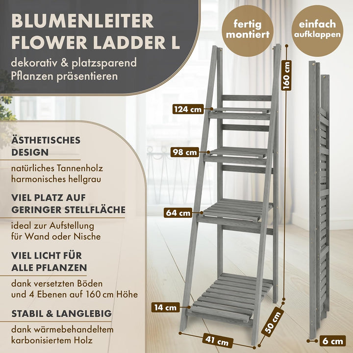 Blumenleiter Flower Ladder L 160x41x50cm hellgrau - 4-Ebenen Natur Holz Leiterregal Blumentreppe Blu