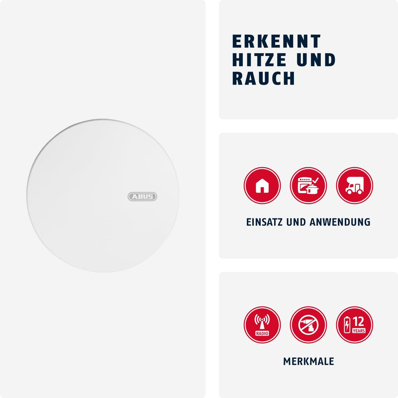 ABUS Funk-Rauchmelder RWM450 - Hitzemelder mit 12-Jahres-Batterie - 15 Melder vernetzbar - Q-Label &