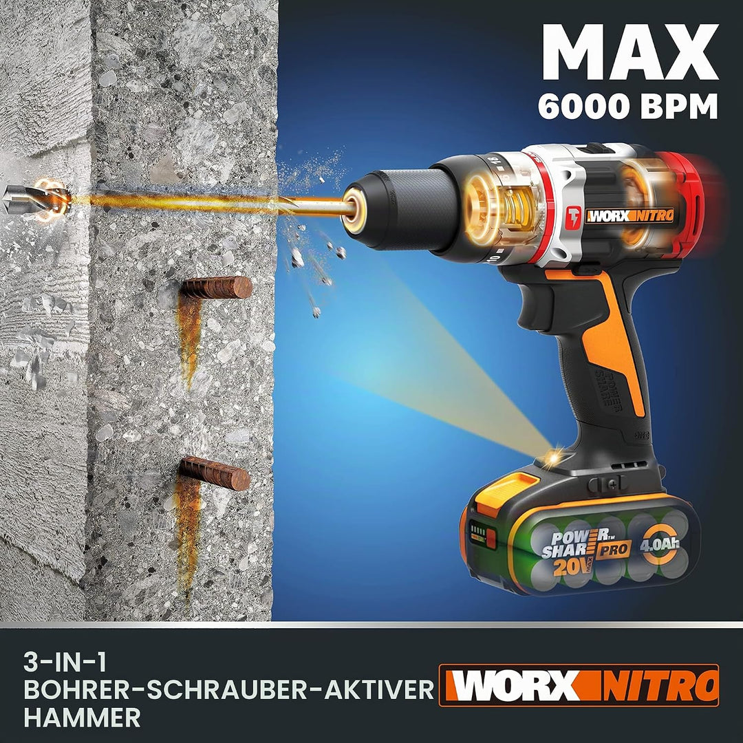 WORX NITRO 18V (20V MAX) Akku-Schlagbohrer WX354.1, PowerShare PRO, Hammerbohrer, bürstenloser Motor