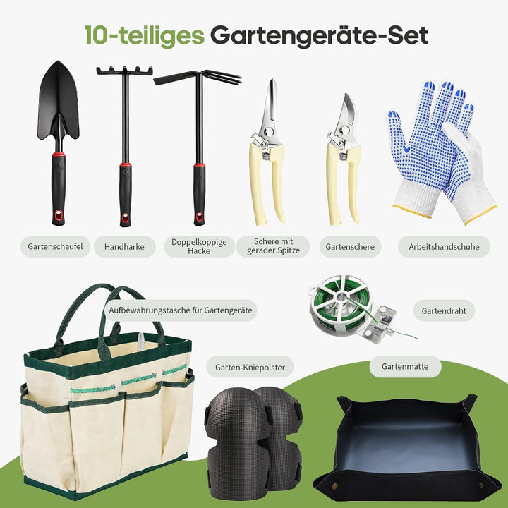 GPANDAG Gartenwerkzeug Set - 10 teilig Gartengeräte Set mit rutschfestem Griff, Gartenset zum Pflanz