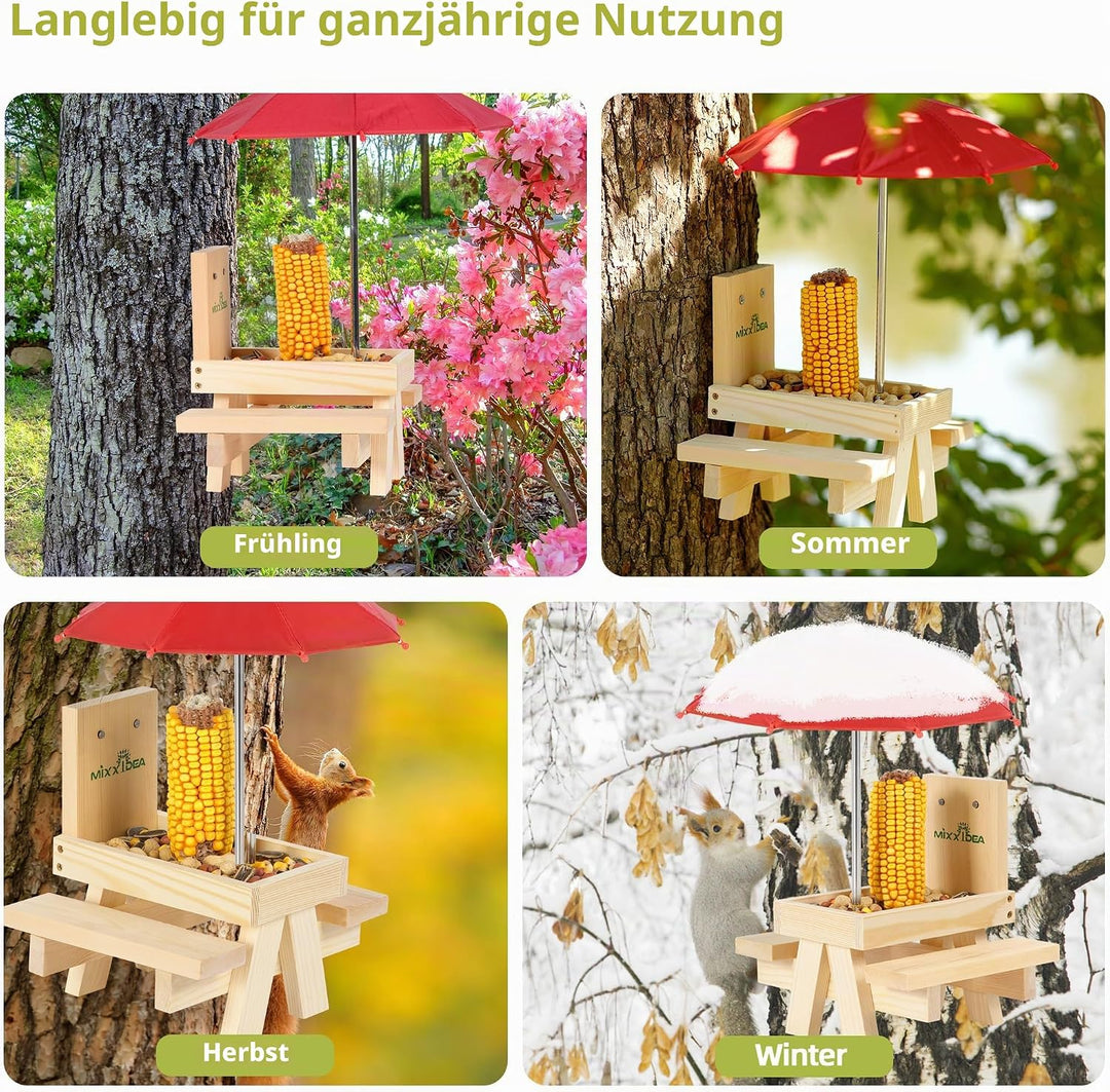 MIXXIDEA Eichhörnchen-Futterstation mit Regenschirm,hölzerner Eichhörnchen-Picknick-Tisch Futterspen